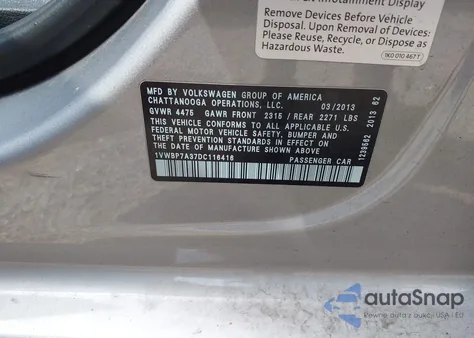 2013 Volkswagen Passat 2.5L Se z USA, uszkodzony, nr VIN 1VWBP7A37DC116416